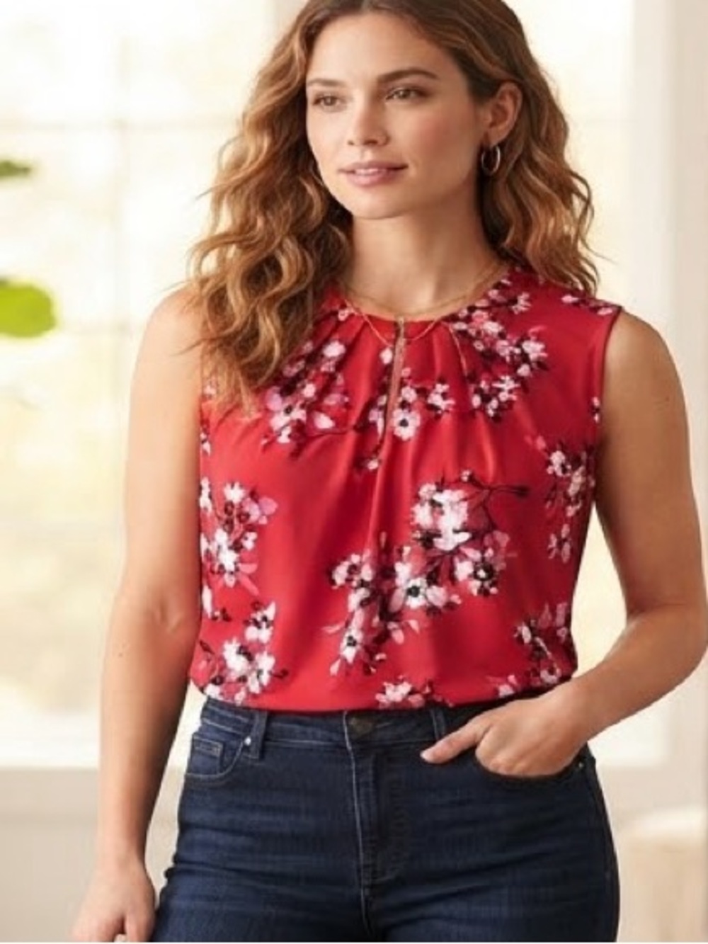 Liz Claiborne Red Floral Sleeveless Blouse